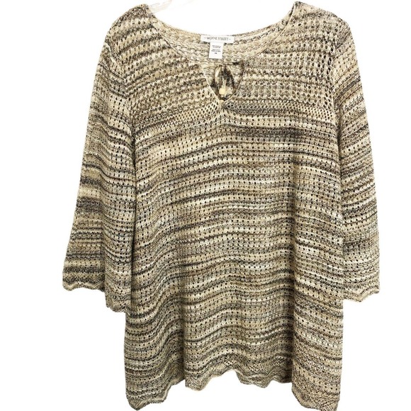 99 Jane Street Sweaters - 99 Jane Street Women's 3/4 Sleeve Brown Cream Striped Open Knit Sweater Size 3X